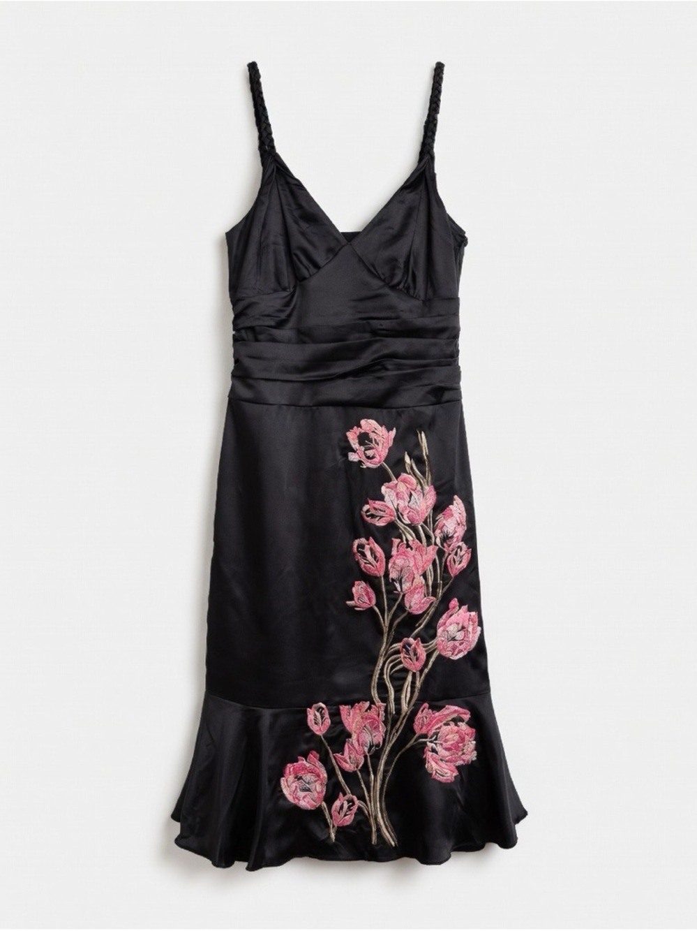 Karen Millen Black Midi Slip Dress with Pink Floral Embroidery